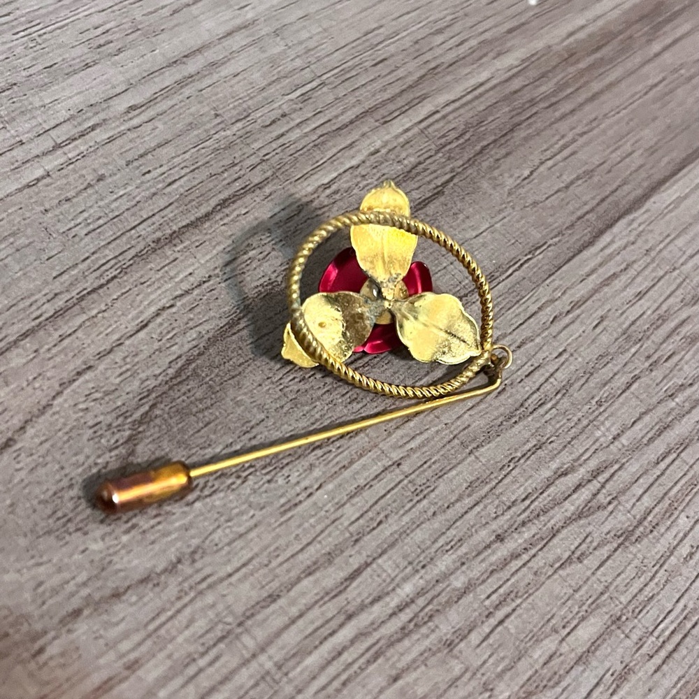 Vintage Red Rose Gold Lapel Pin - image 4